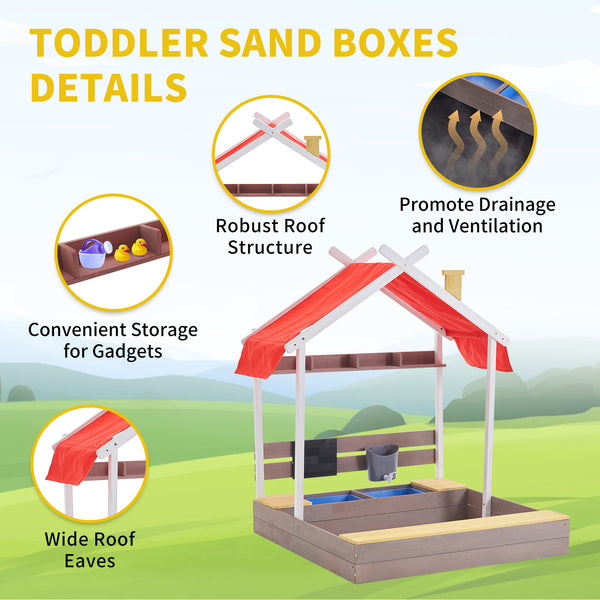 45'' Kids Large Wooden Sand Box with Lid, Drawing Board, Sink, Shelf, Toddler Sand Boxes for Backyard Garden Beach
