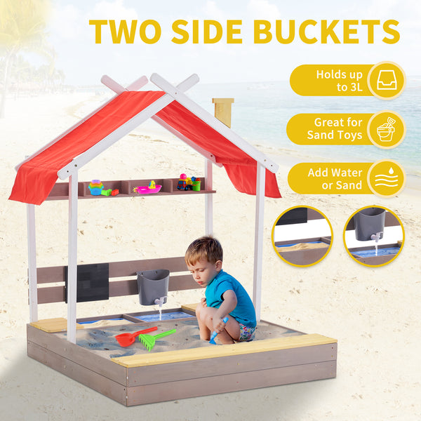 45'' Kids Large Wooden Sand Box with Lid, Drawing Board, Sink, Shelf, Toddler Sand Boxes for Backyard Garden Beach