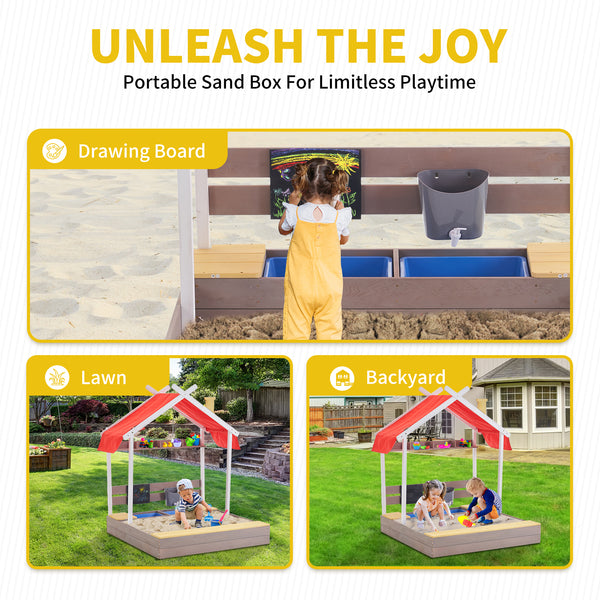 45'' Kids Large Wooden Sand Box with Lid, Drawing Board, Sink, Shelf, Toddler Sand Boxes for Backyard Garden Beach