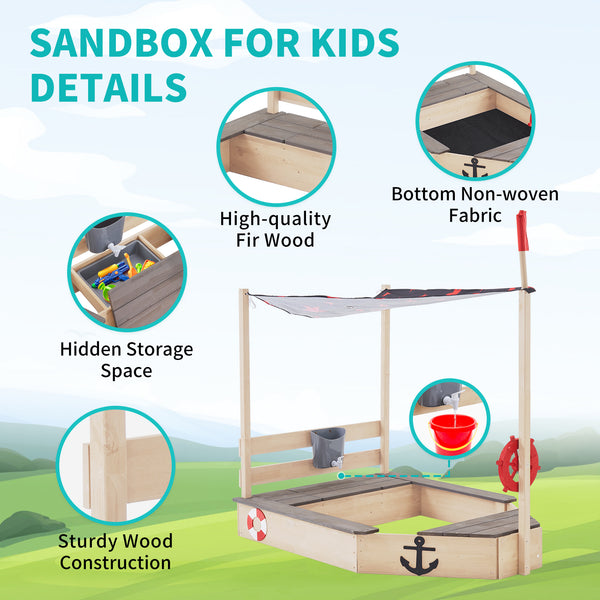 Pirate Ship Kids Sandbox with Cover, Wooden Sandbox with Storage Bench, Seat, Sink, Outdoor Sandbox for Aged 3-8 Years Old