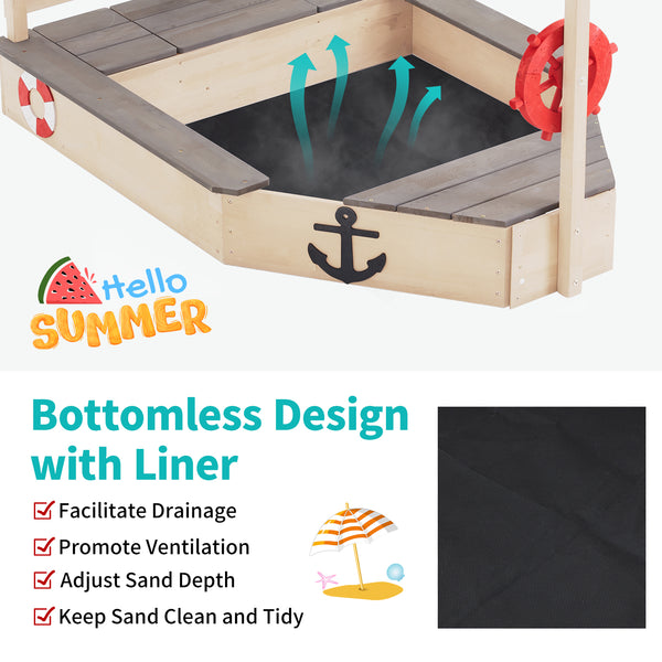 Pirate Ship Kids Sandbox with Cover, Wooden Sandbox with Storage Bench, Seat, Sink, Outdoor Sandbox for Aged 3-8 Years Old