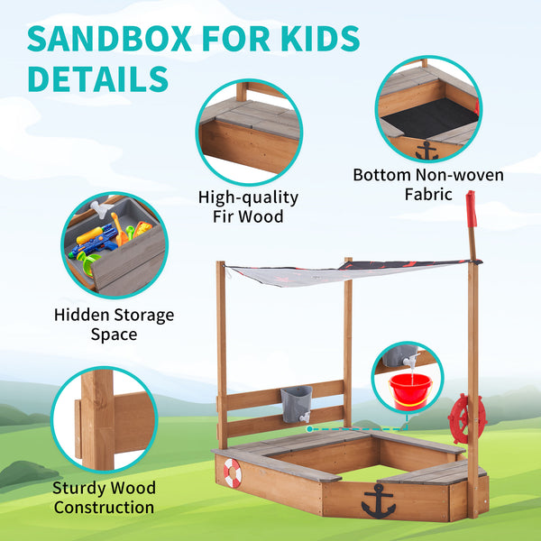 Pirate Ship Kids Sandbox with Cover, Wooden Sandbox with Storage Bench, Seat, Sink, Outdoor Sandbox for Aged 3-8 Years Old