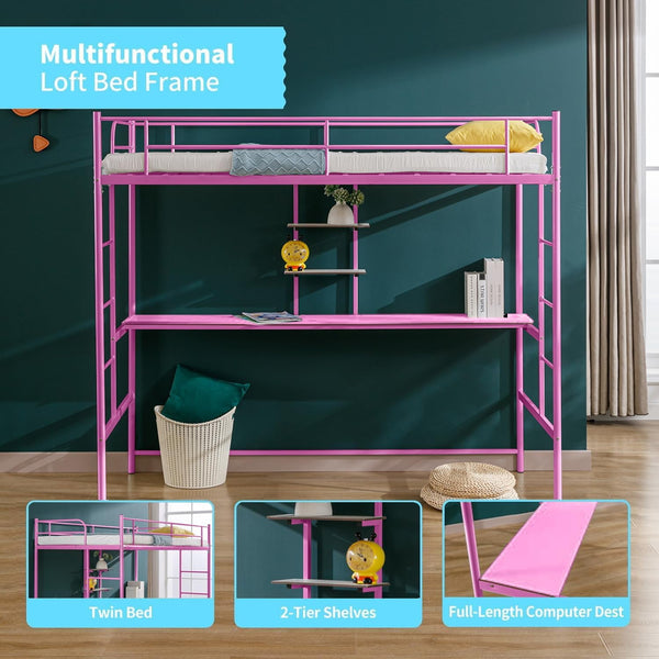 Twin Size Loft Bed Frame with Desk Metal, Multifunctional Loft Bed Frame with Safety Ladder & Guardrail, Space-Saving, No Box Spring Needed