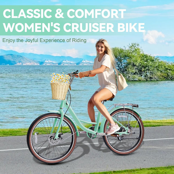 DEYGIA Kids Bike, Cruiser Bike for Girls, 24 inch 7 Speed Kids' Bicycles with Rattan Basket and Adjustable Seat, Lightweight Step Bike for Girls
