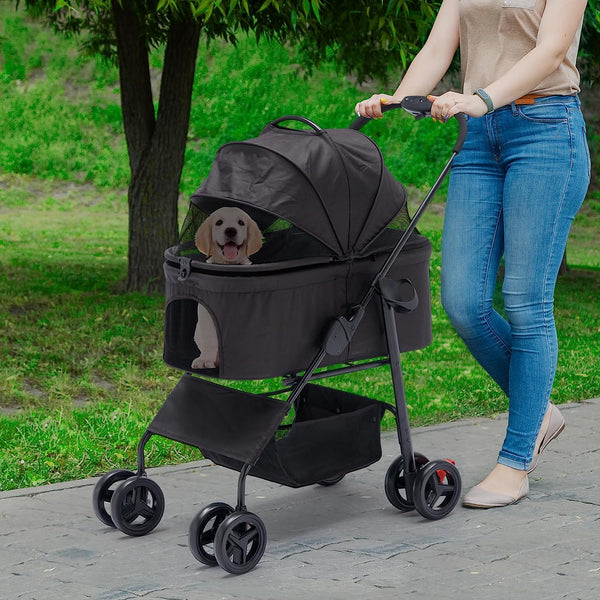 3 In 1 Folding Pet Stroller Black, Multifunction Pet Storage Basket Dog Stroller, Lightweight Dog Carrier with Adjustable Cover