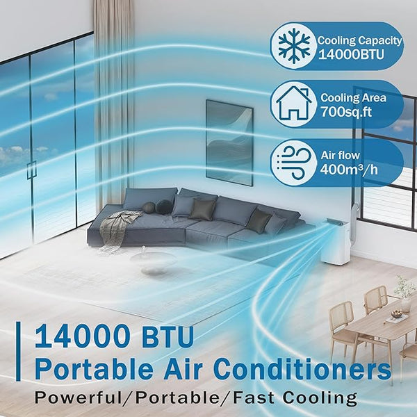 Portable Air Conditioner, 14000 BTU Portable AC Unit with Remote Control, Dehumidifier, Fan, Auto, Sleep Modes, Up to 700 Sq. Ft, Quiet Portable Air Conditioners with Installation Kits, 24H Timer
