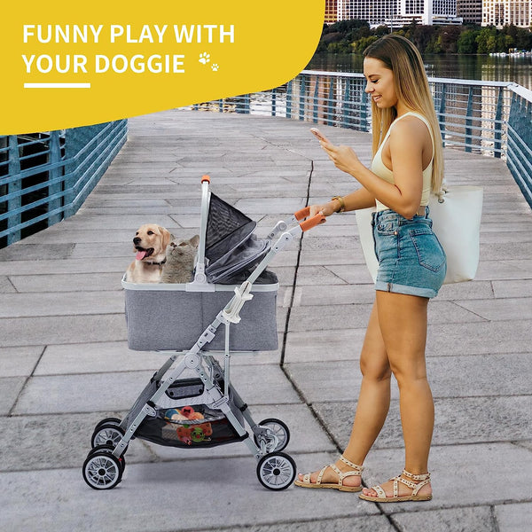 Folding Pet Stroller Grey, 3 In 1 Multifunction Pet Storage Basket Dog Stroller, Lightweight Dog Carrier with Adjustable Cover