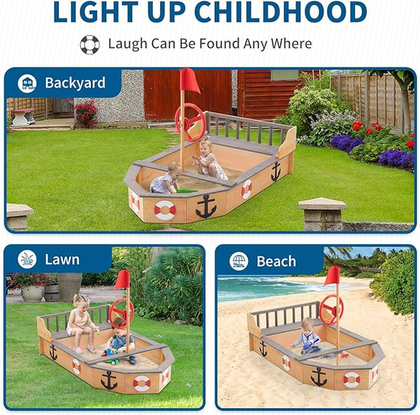 Wooden Sandbox, Pirate Ship Kids Large Wooden Sand Box with Red Flag, Rudder, Lifebuoy Decoration, Anchor Sign, Storage Deck, Bench Seats, Sand Pit for Beach Patio Outdoor