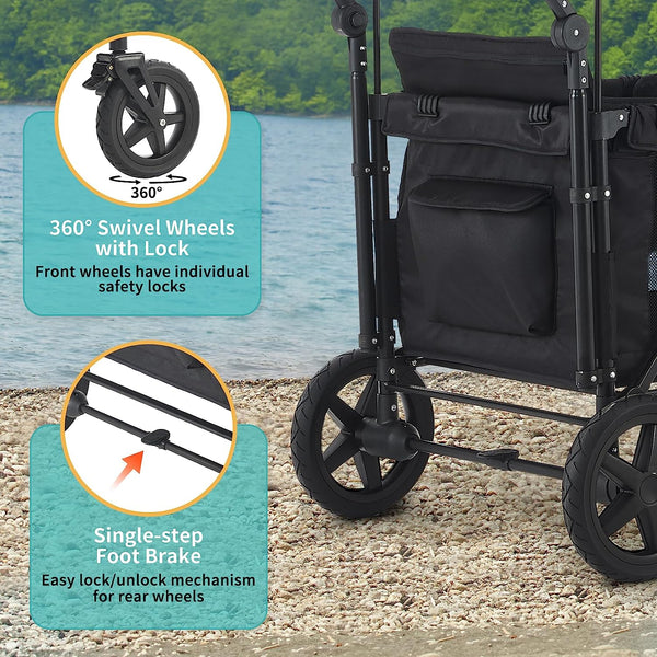 Wagon Stroller for 4 Kids, Wagon Cart with 4 High Seats and Removable Canopy, Foldable Stroller Wagon (Black)