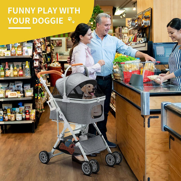Folding Pet Stroller Grey, 3 In 1 Multifunction Pet Storage Basket Dog Stroller, Lightweight Dog Carrier with Adjustable Cover