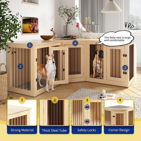 Large Dog Crate Furniture for 3 Dogs, Corner Dog Crate, Indoor Dog cage