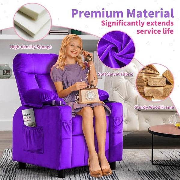 Kids Recliner, Toddlers Kids Recliner Chair with Cup Holder, Ergonomic Adjustable Velvet Lounge Chair with Footrest & Side Pockets, Toddlers Kids Baby Sofa for Boys and Girls Bedroom