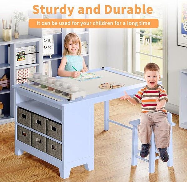 Kids Art Table and Chair Set, Kids Craft Table with Two Chairs, Storage Shelves, Canvas Bins, Wooden Children Study Desks, Kids Desk and Chair Set for Drawing and Painting