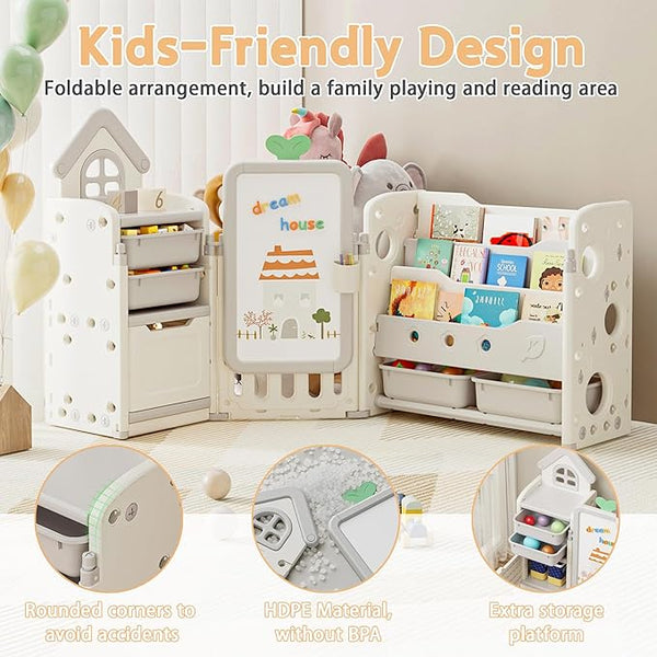 Kids Toy Storage Organizer with 10 Removable Bins, Foldable Toy Organizers and Storage with 3-Tier Bookshelf for Kids Toy Storage Organizer with Drawing Board, Extra 3 Brushes