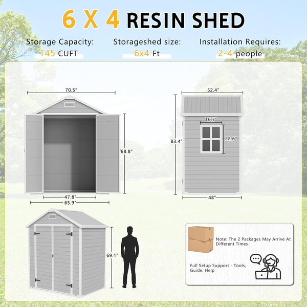 6x4 FT Resin Outdoor Storage Shed with Floor, Heavy Duty Plastic Tool Shed with Lockable Door & Air Vent, All-Weather Garden Storage for Backyard, Patio, Lawn, Cloud Gray
