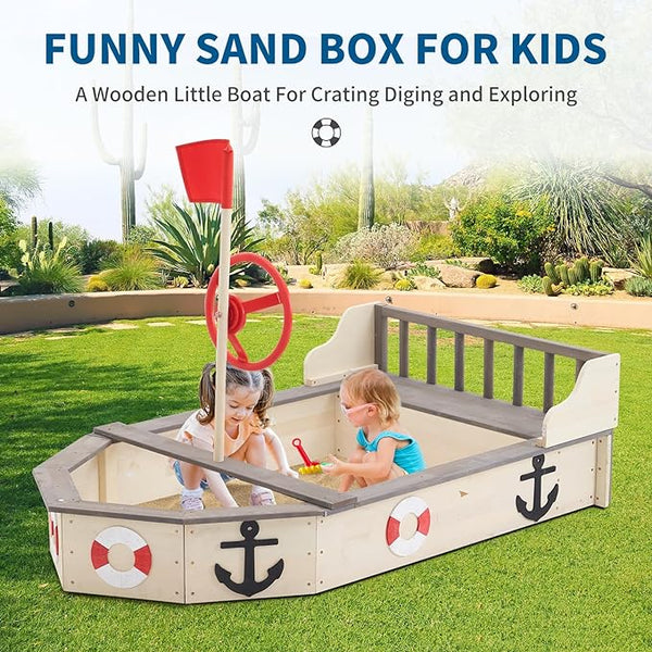 Wooden Sandbox, Pirate Ship Kids Large Wooden Sand Box with Red Flag, Rudder, Lifebuoy Decoration, Anchor Sign, Storage Deck, Bench Seats, Sand Pit for Beach Patio Outdoor