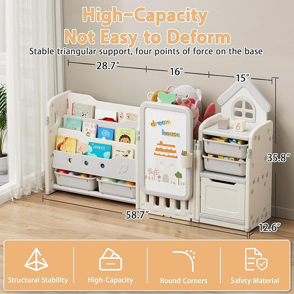 Kids Toy Storage Organizer with 10 Removable Bins, Foldable Toy Organizers and Storage with 3-Tier Bookshelf for Kids Toy Storage Organizer with Drawing Board, Extra 3 Brushes