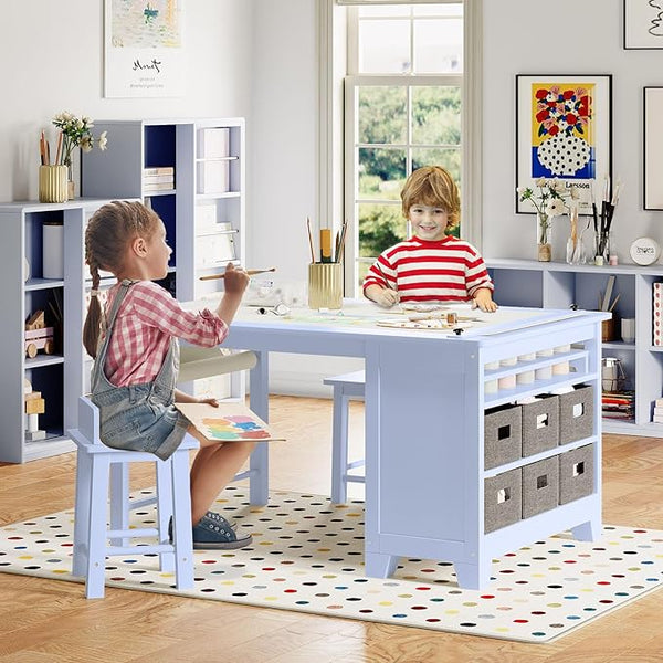 Kids Art Table and Chair Set, Kids Craft Table with Two Chairs, Storage Shelves, Canvas Bins, Wooden Children Study Desks, Kids Desk and Chair Set for Drawing and Painting