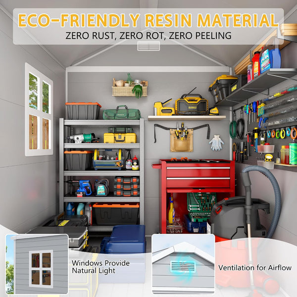 6x4 FT Resin Outdoor Storage Shed with Floor, Heavy Duty Plastic Tool Shed with Lockable Door & Air Vent, All-Weather Garden Storage for Backyard, Patio, Lawn, Cloud Gray