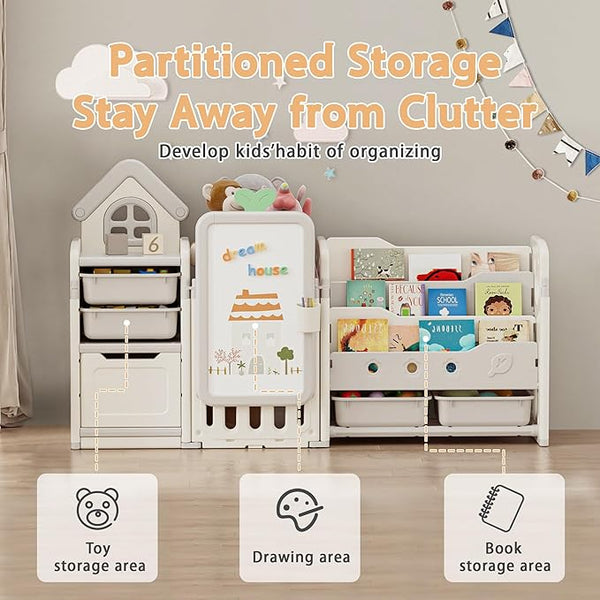 Kids Toy Storage Organizer with 10 Removable Bins, Foldable Toy Organizers and Storage with 3-Tier Bookshelf for Kids Toy Storage Organizer with Drawing Board, Extra 3 Brushes