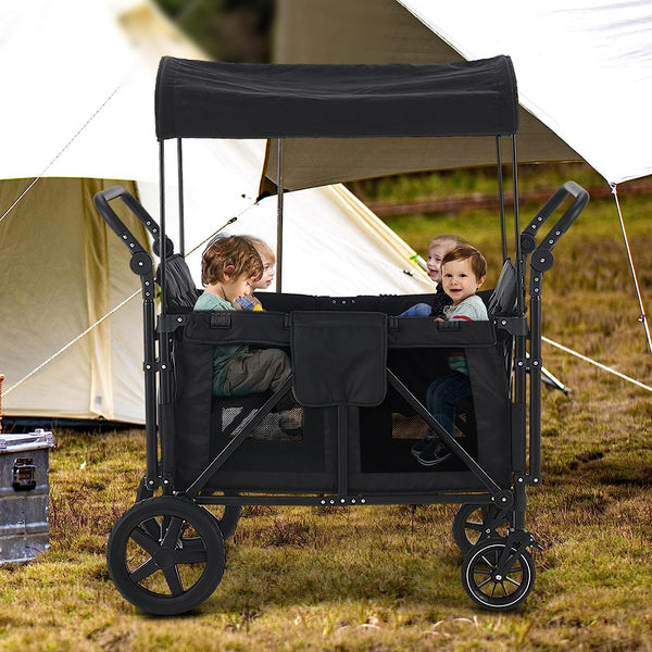 Wagon Stroller for 4 Kids, Wagon Cart with 4 High Seats and Removable Canopy, Foldable Stroller Wagon (Black)