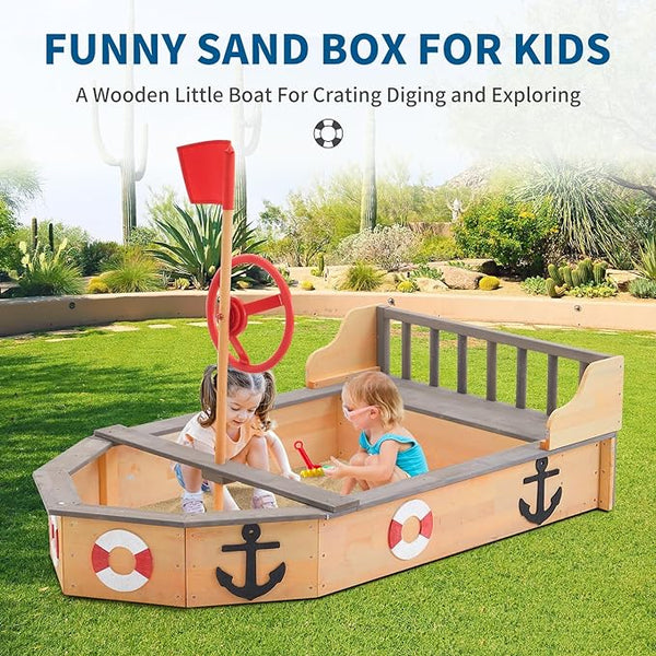 Wooden Sandbox, Pirate Ship Kids Large Wooden Sand Box with Red Flag, Rudder, Lifebuoy Decoration, Anchor Sign, Storage Deck, Bench Seats, Sand Pit for Beach Patio Outdoor