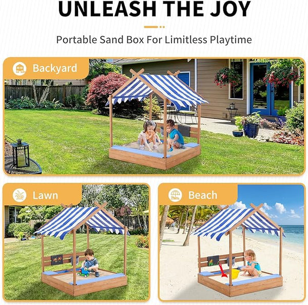 Sandbox with Roof, 49'' Kids Large Wooden Sand Box with Liner, Drawing Board, Sink, House Design, Sand Boxes for Backyard Garden Beach, Sand Pit for Beach Patio Outdoor