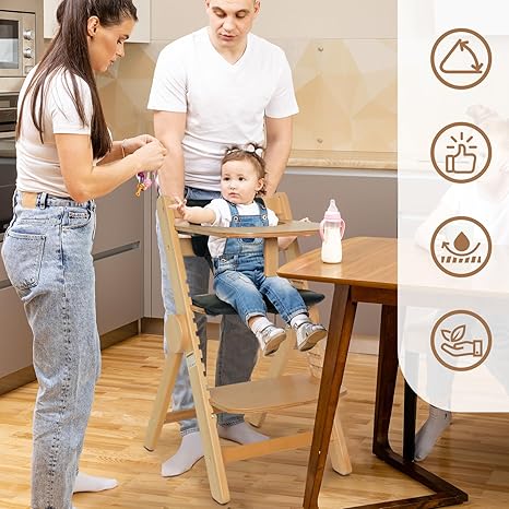 Wooden High Chair for Babies and Toddlers, Adjustable High and Width Baby High Chair, Easy Folding High Chair with Removable Wood Tray, Water Resistant Cushion
