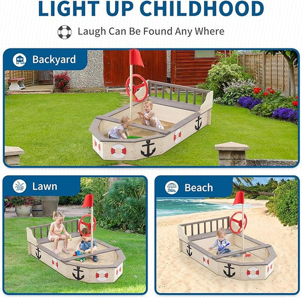 Wooden Sandbox, Pirate Ship Kids Large Wooden Sand Box with Red Flag, Rudder, Lifebuoy Decoration, Anchor Sign, Storage Deck, Bench Seats, Sand Pit for Beach Patio Outdoor