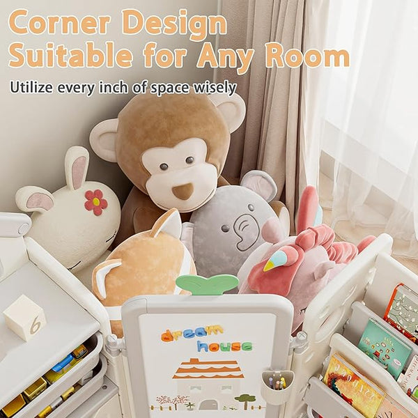 Kids Toy Storage Organizer with 10 Removable Bins, Foldable Toy Organizers and Storage with 3-Tier Bookshelf for Kids Toy Storage Organizer with Drawing Board, Extra 3 Brushes