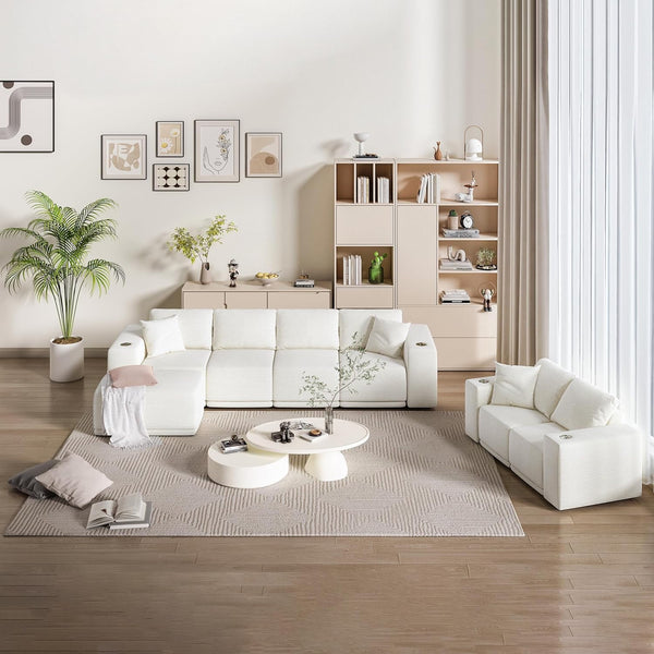 Akaber 130" Modular Sectional Sofa with L-Shape Chaise, 4-Seater Comfy Cloud Couch with Movable Ottoman, Deep Seat Couches for Living Room with Throw Pillows, White