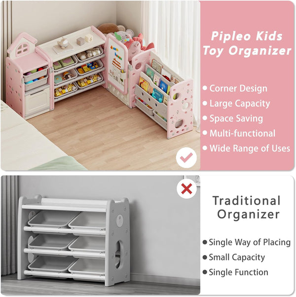 Kids Toy Storage Organizer with 10 Removable Bins, Foldable Toy Organizers and Storage with 3-Tier Bookshelf for Kids Toy Storage Organizer with Drawing Board, Extra 3 Brushes