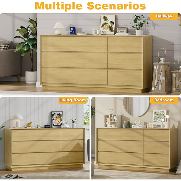 Akaber US 63'' Wooden Dresser for Bedroom, Large Dresser with 9 Deep Chests of Drawers for Bedroom, Living Room, Closet