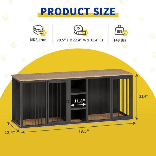 Large Dog Crate Furniture for 2 Dogs, 79.5'' Indoor Dog Kennel with Adjustable Shelves, All Steel Frame Heavy Duty Dog Crate with Wood Top, Double Dog Cage for Small Medium Large Dogs
