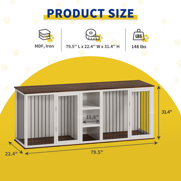 Large Dog Crate Furniture for 2 Dogs, 79.5'' Indoor Dog Kennel with Adjustable Shelves, All Steel Frame Heavy Duty Dog Crate with Wood Top, Double Dog Cage for Small Medium Large Dogs