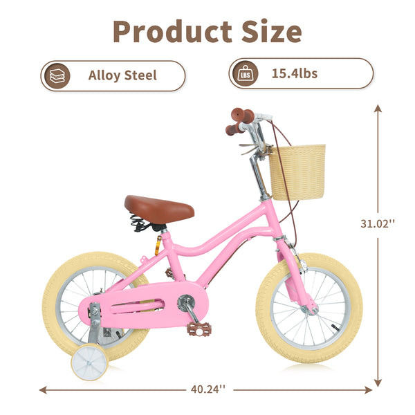 Kids Bike, 14 16 20 inch Girls Bike for 5-14 Girls with Training Wheels, Kickstand, Retro Design Kids' Bicycles with Basket, Girls Bicycle