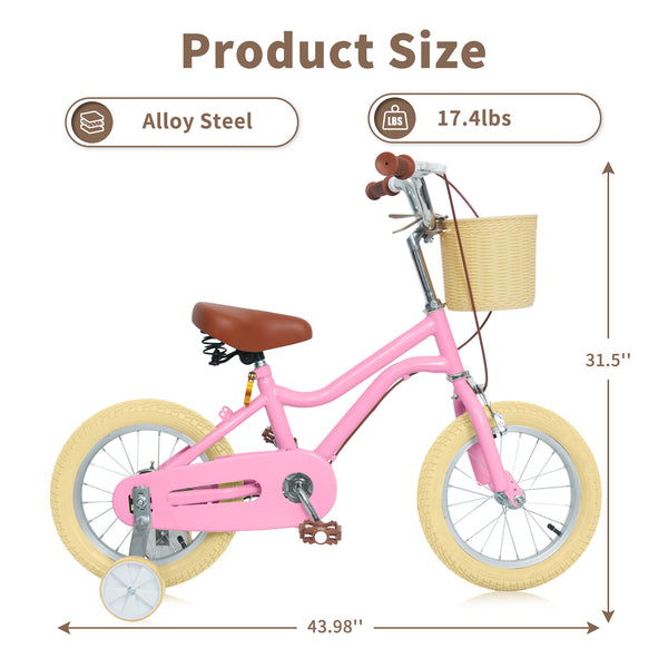 Kids Bike, 14 16 20 inch Girls Bike for 5-14 Girls with Training Wheels, Kickstand, Retro Design Kids' Bicycles with Basket, Girls Bicycle