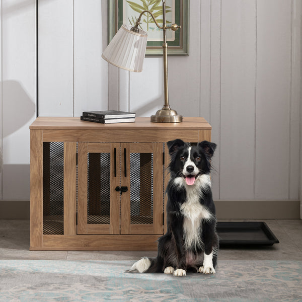 Wooden Dog Crate Furniture with Cushioned Tray and Double Doors - Stylish End Table for Small Dogs and Cats