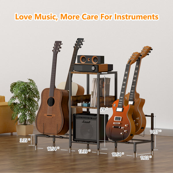 Guitar Stand for 4 Electric or Bass Guitars, Guitar Rack With 3-tier Storage Shelf (Antique Wood)