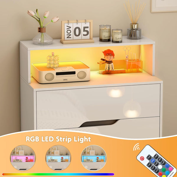 Akaber US 4 Drawer Dresser, 47.2" Modern Dresser and Chests of Drawers with LED Lights, Tall Chest of Drawers with Charging Station for Bedroom, Living Room