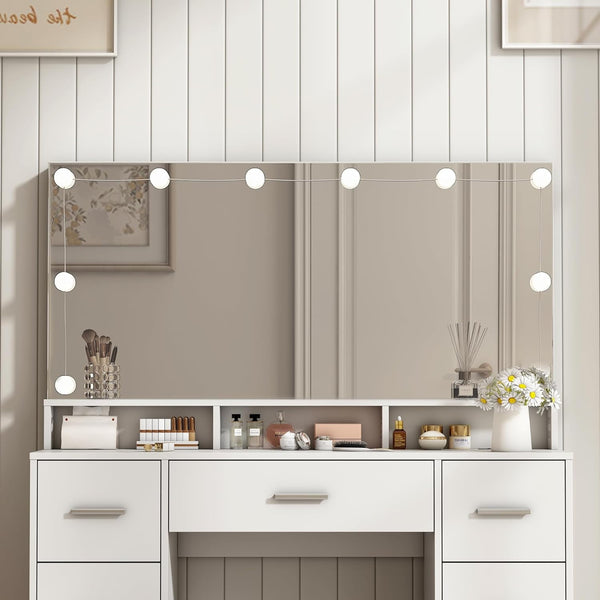 Vanity Desk with Mirror and Lights, 46.5'' White Vanity with Power Outlet & 7 Drawer, 3 Color Lighting Modes, Bedroom Vanity Desk for Girls, Women, Bedroom Vanity Desk