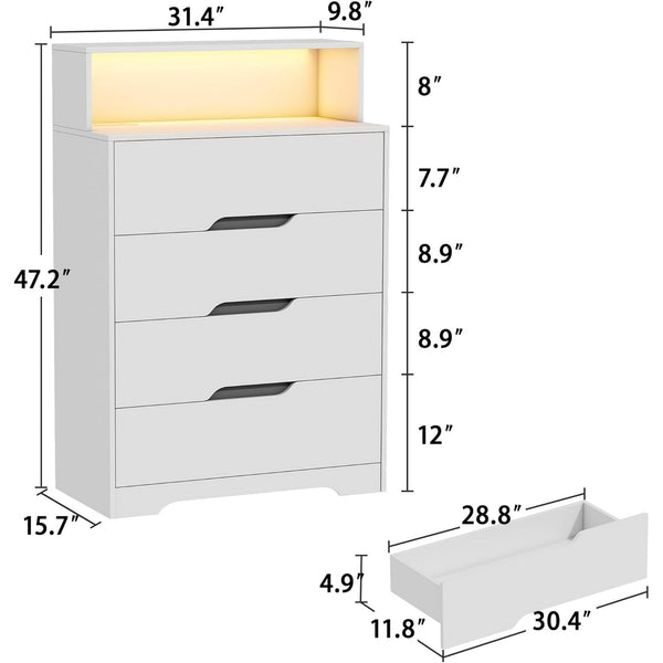 Akaber US 4 Drawer Dresser, 47.2" Modern Dresser and Chests of Drawers with LED Lights, Tall Chest of Drawers with Charging Station for Bedroom, Living Room