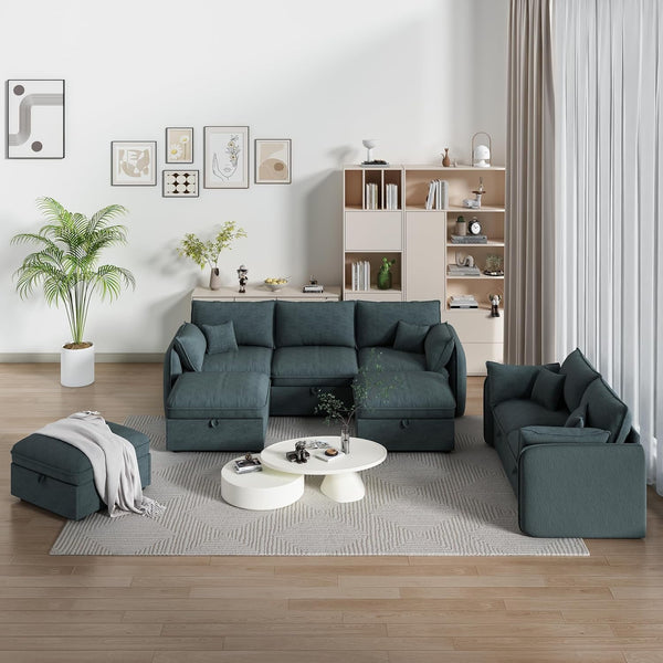 Akaber Modular Sectional Sofa, 107 Inch U Shaped Couch with Movable Storage Ottoman, 25 Inch Deep Seat, Cloud Couches for Living Room, Grayish Green