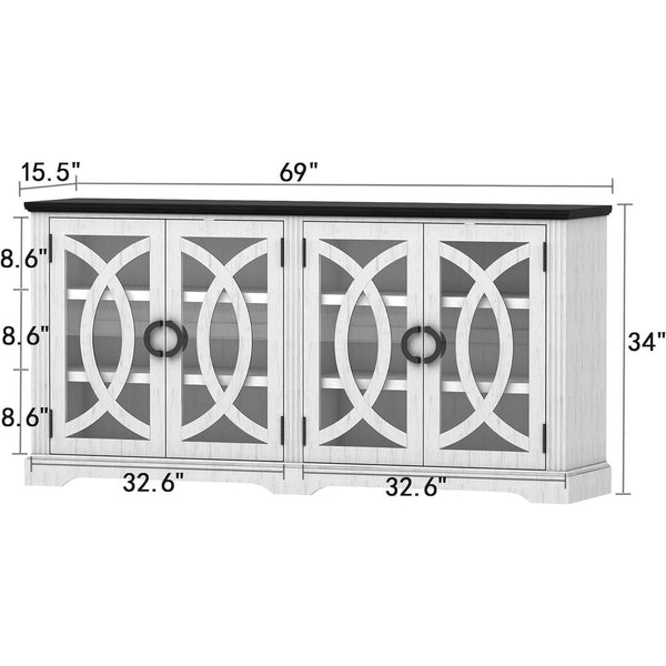Akaber US 69" Sideboard Buffet, Farmhouse Buffet Cabinet with 4 Glass Barn Doors, Wood Sideboard Storage Cabinet for Kitchen, Dining Room, Living Room, Antique White