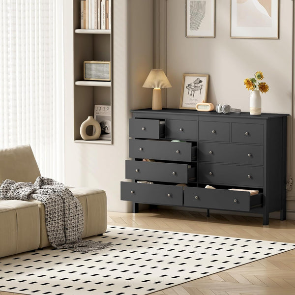 10 Drawer Dresser, 55" Modern White Dressers & Chests of Drawers, Adult 10 Drawers Wide Wood Dresser for Bedroom, Living Room