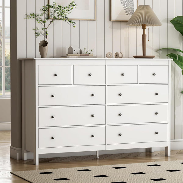 10 Drawer Dresser, 55" Modern White Dressers & Chests of Drawers, Adult 10 Drawers Wide Wood Dresser for Bedroom, Living Room