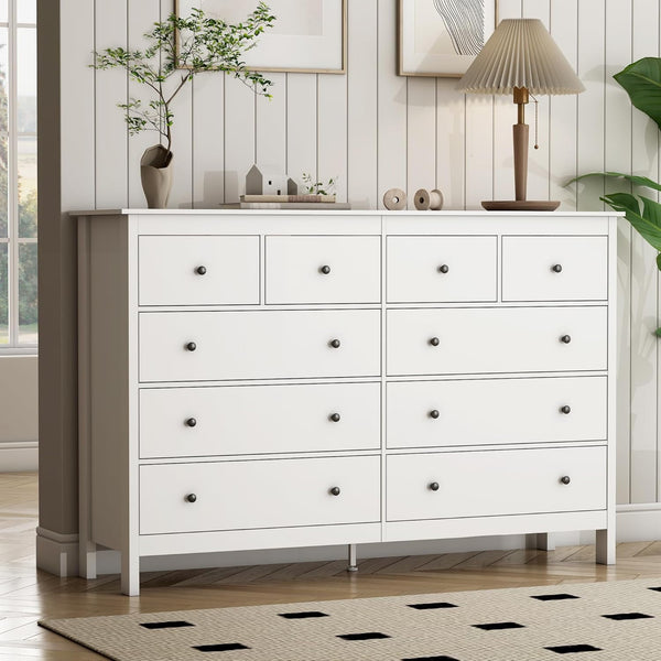 Linor 10 Drawer Dresser, 55" Modern White Dressers, Chest of Drawers, Wooden Wide Dresser for Bedroom, Living Room, White