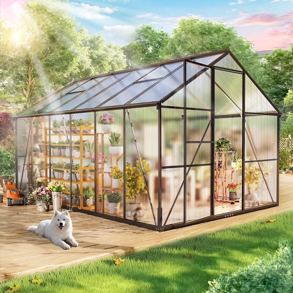 8x12 FT Greenhouse for Outdoors, NEORIVER Quick Assembly Polycarbonate Green House with UV Protection, Heavy-Duty Windproof Aluminum Frame, Adjustable Roof Vent – for Backyard, Garden or Patio