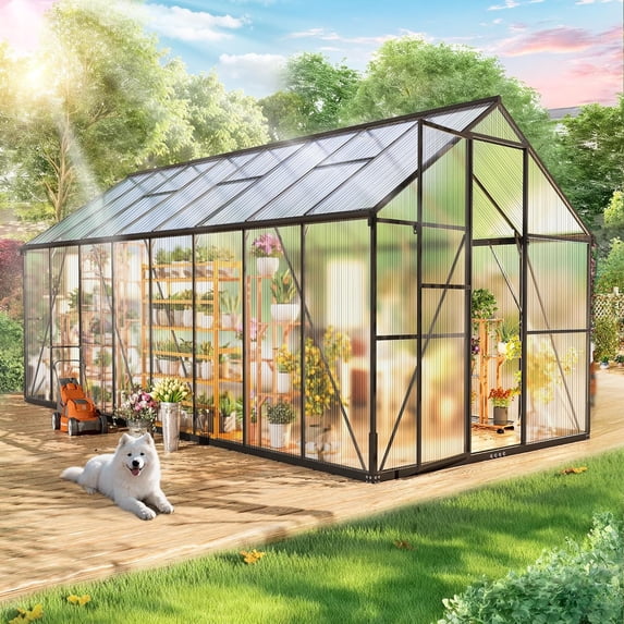 8x14 FT Greenhouse for Outdoors, NEORIVER Quick Assembly Polycarbonate Green House with UV Protection, Heavy-Duty Windproof Aluminum Frame, Adjustable Roof Vent – for Backyard, Garden or Patio