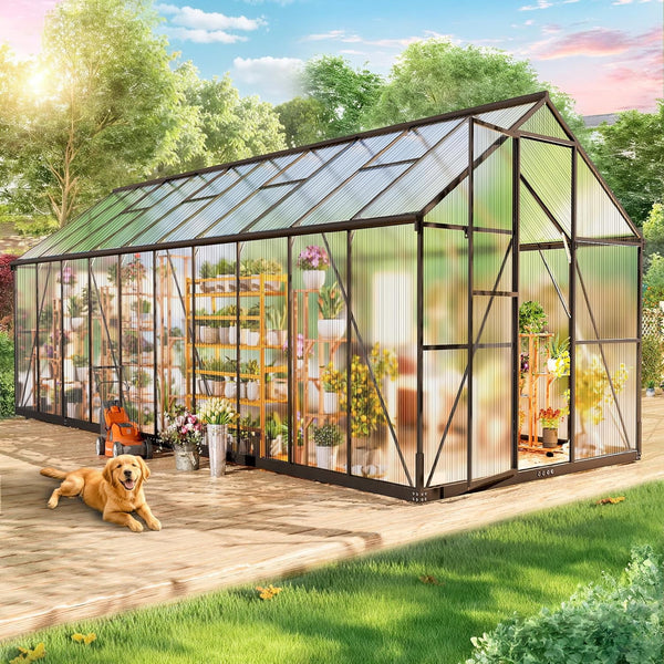 8x20 FT Greenhouse Outdoor, Akaber Walk-in Garden Greenhouse with Polycarbonate Panels, Aluminum Frame Windproof Greenhouses for Outside